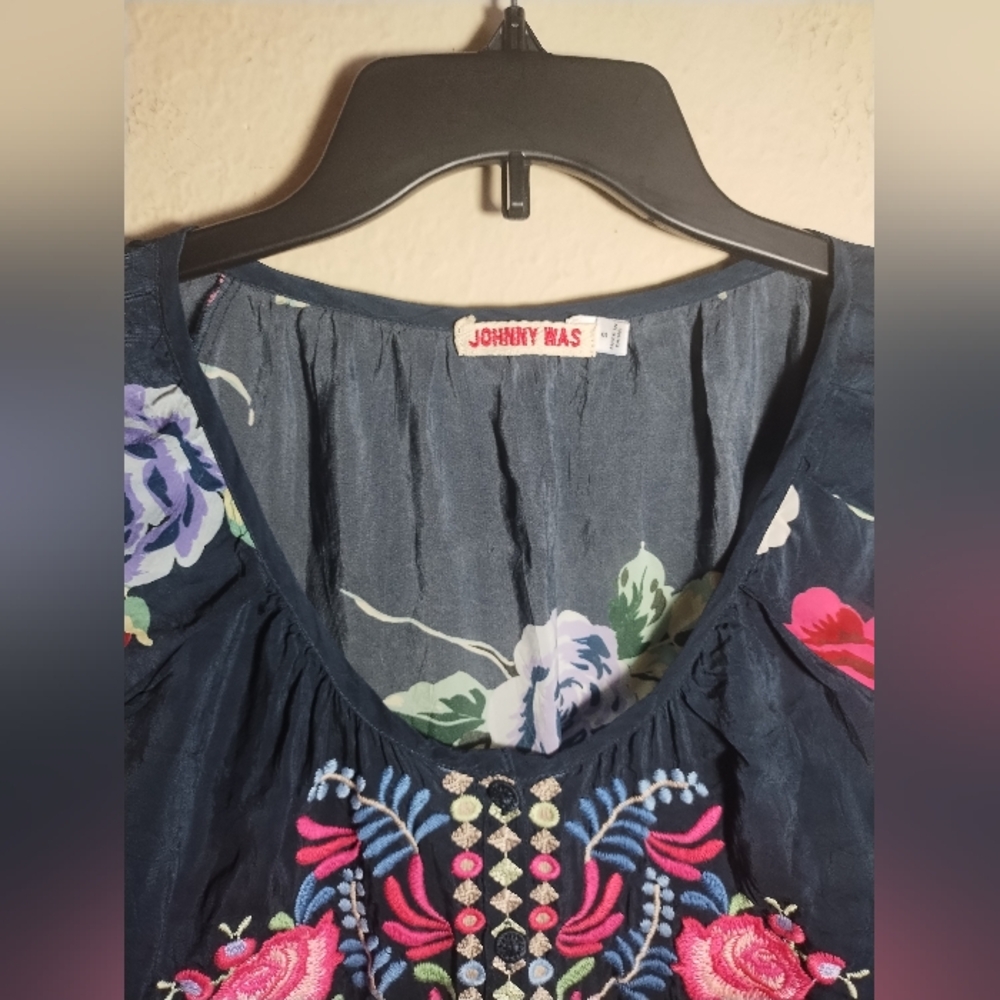 Johnny Was Navy Embroidered Floral Tunic with Pink & Purple Accents - Picture 4 of 16